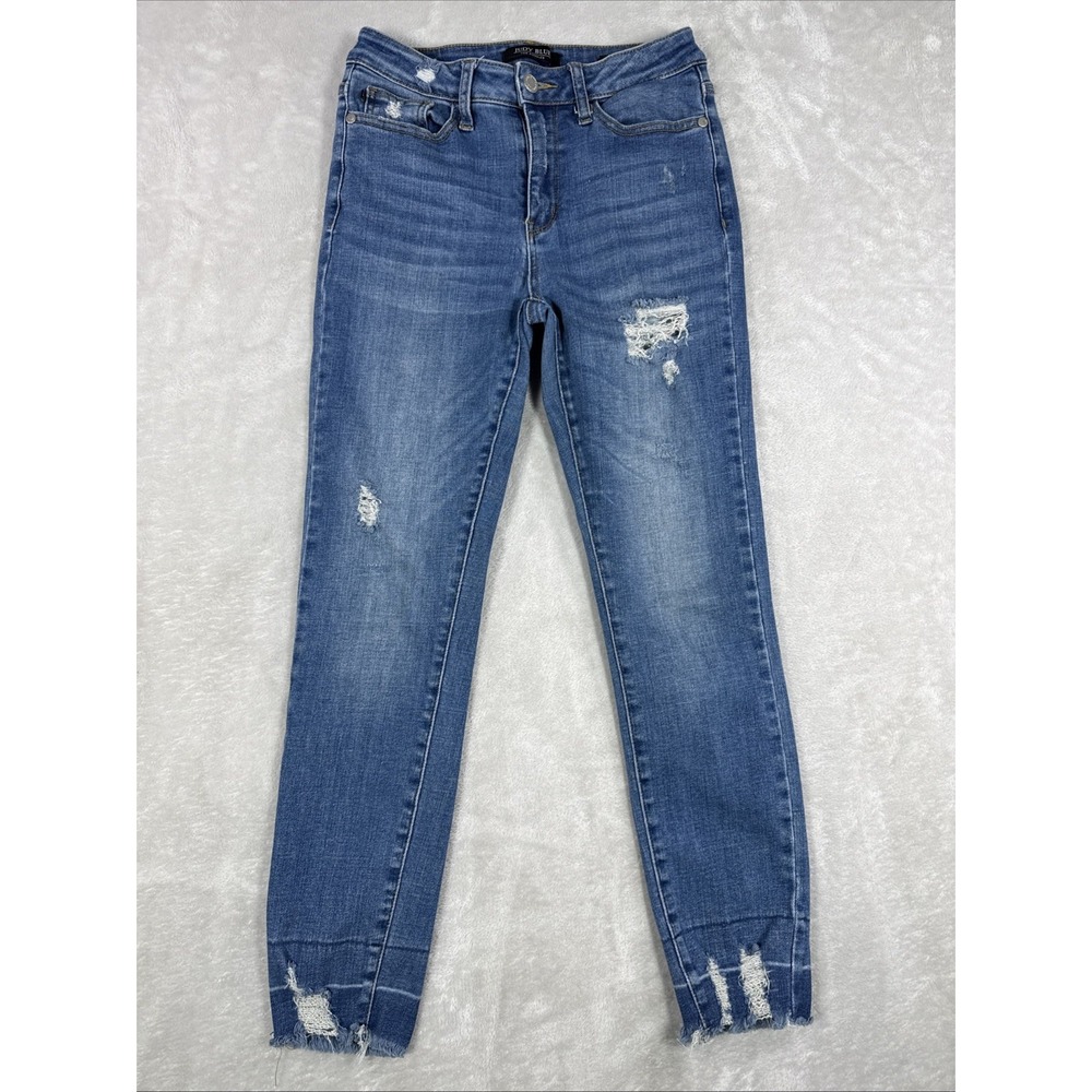 Judy Blue Skinny Fit Distressed Denim Size 24X25 Stretch Medium Wash Raw Hem